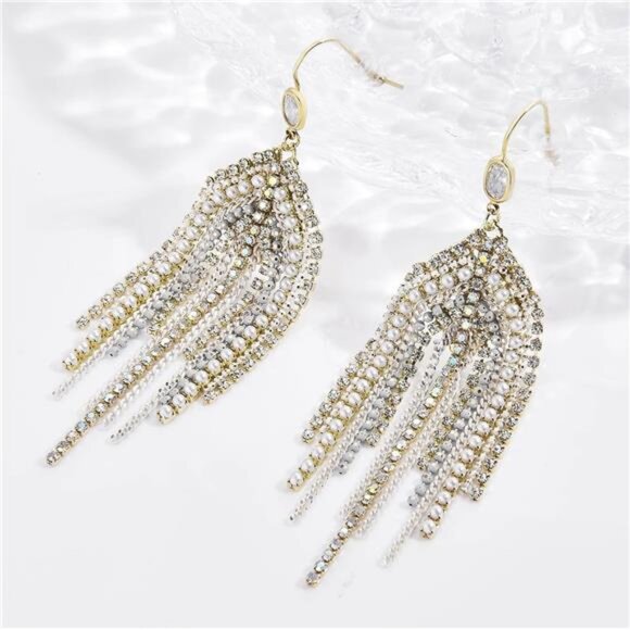 Handmade Boho Tassel Earrings | Crystal Bead & Pearl Dangle - Picture 4 of 5